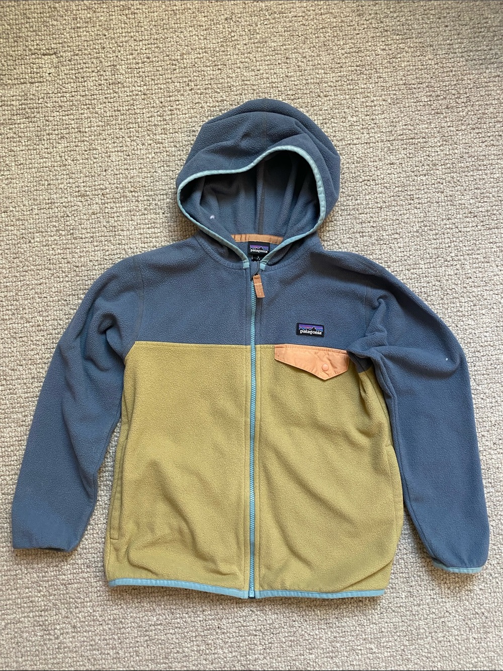Patagonia Kids Hooded Fleece Jacket in Blue & Olive with Tan Pocket Accent